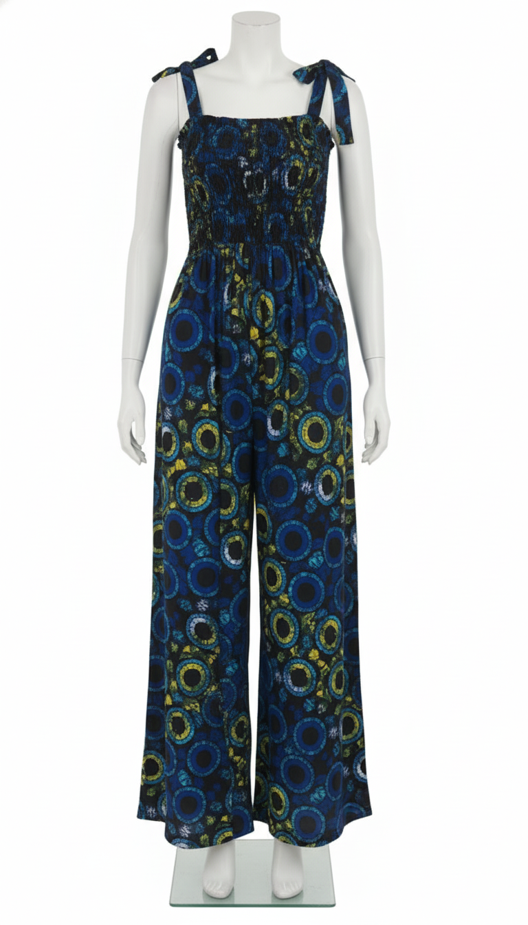 Melanie Smocked Jumpsuit – Adjustable Tie Straps | Ankara